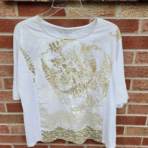 Chico's Blouse Women's Size Large Metallic Gold Leave Pattern